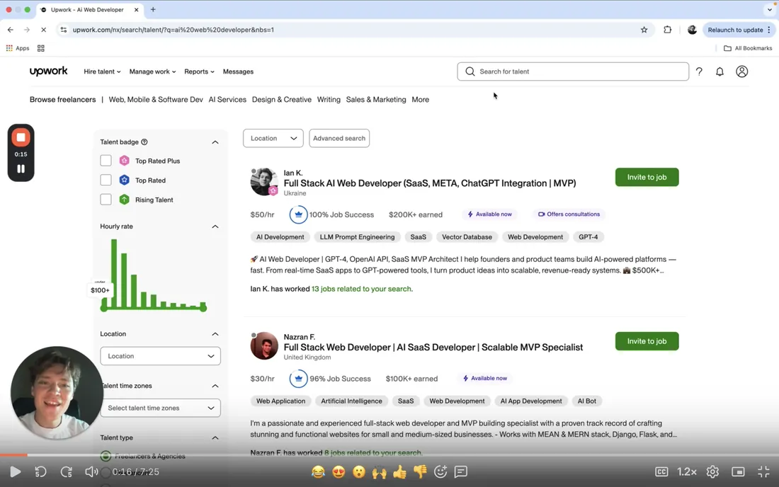 Ian Koncevich ranked #1 AI Web Developer in Upwork search