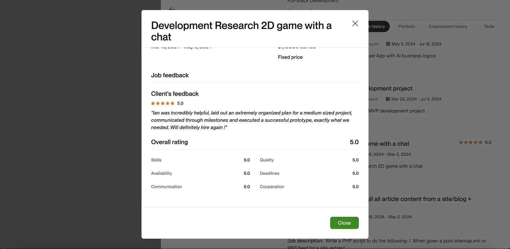 Upwork closed contract screenshot for 2D game with chat prototype by Ian Koncevich