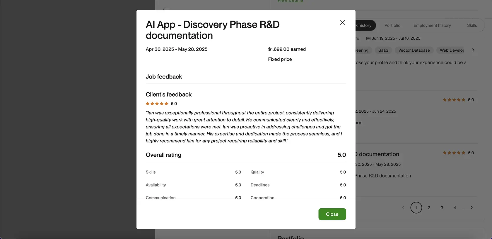 Upwork closed contract screenshot for AI App Discovery R&D documentation by Ian Koncevich