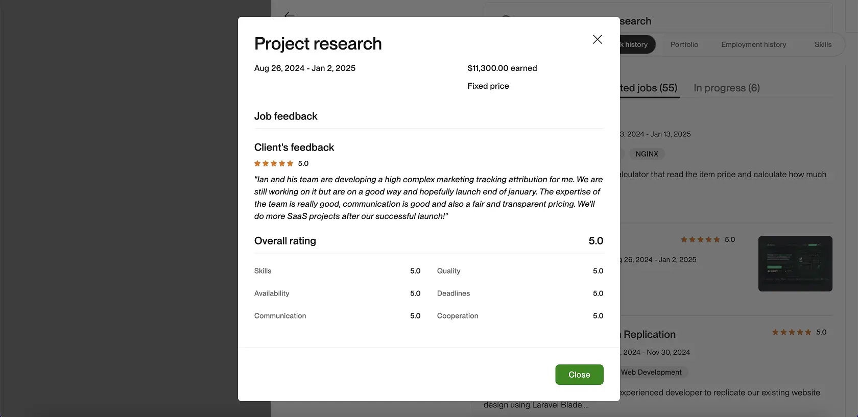 Upwork closed contract screenshot for attribution SaaS research by Ian Koncevich