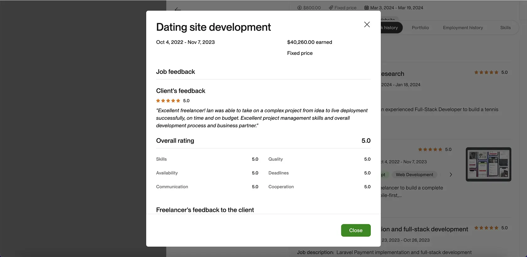 Upwork closed contract screenshot for dating site development by Ian Koncevich