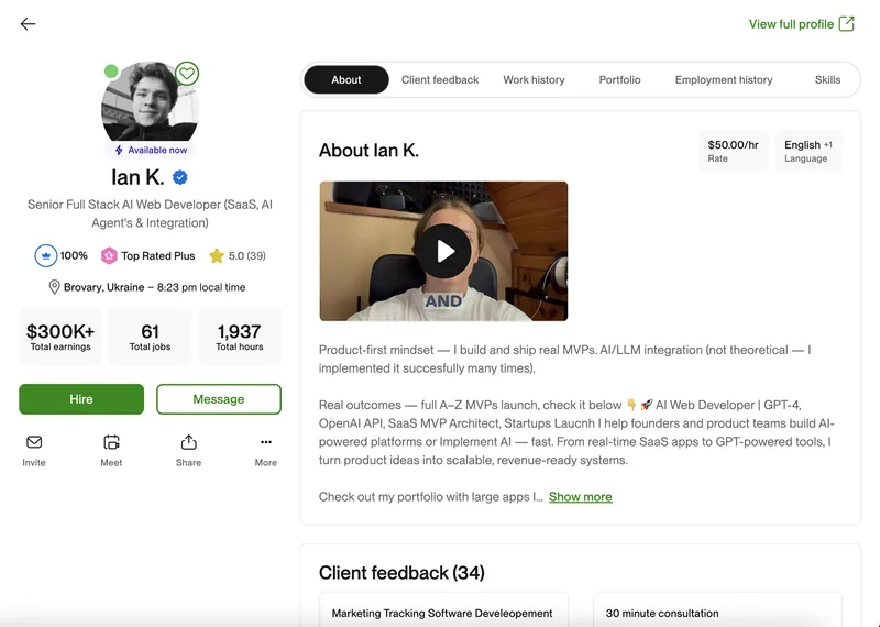 Ian Koncevich's verified Upwork profile – Top Rated Plus AI Web Developer with $300K+ earnings and 1900+ hours