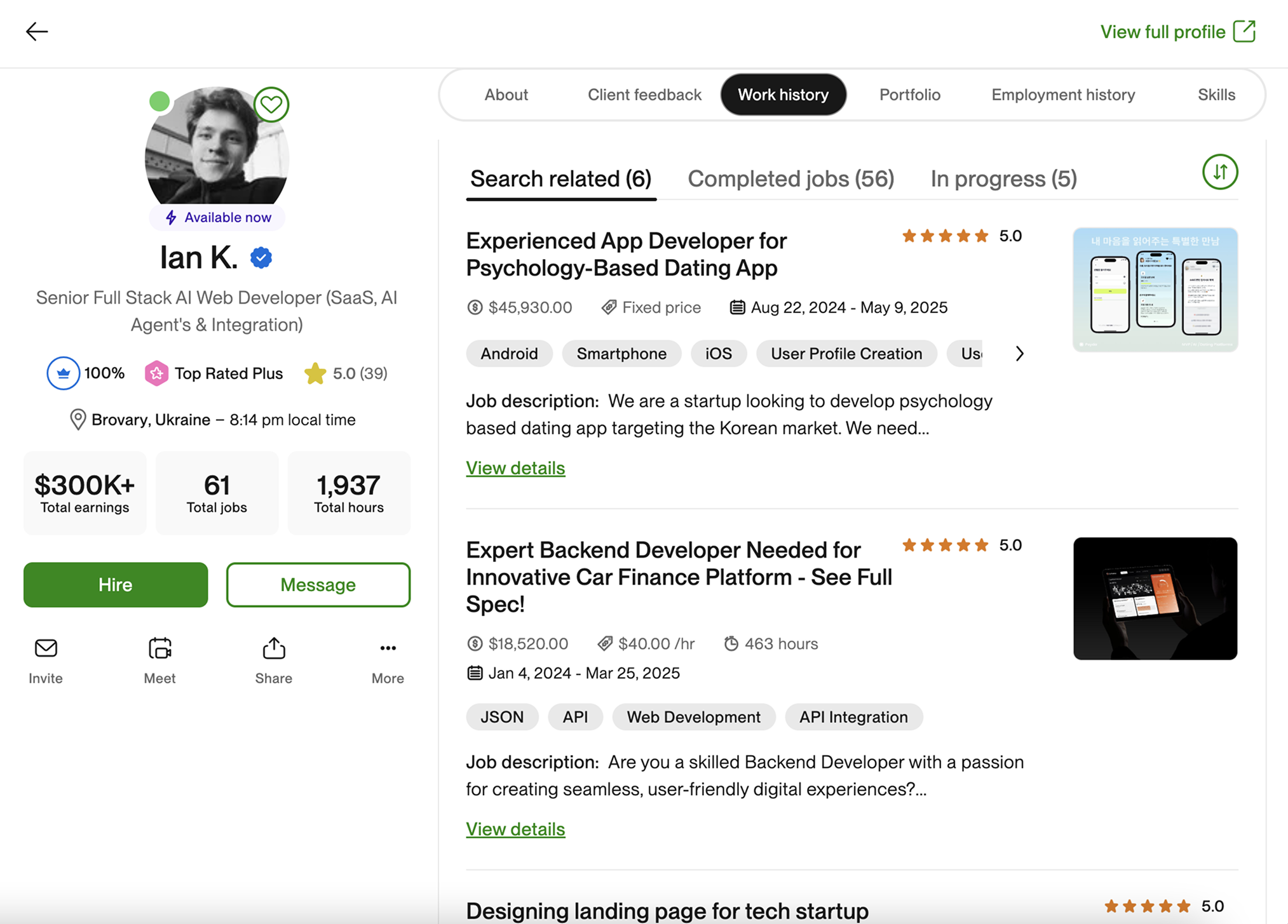 Ian Koncevich's Upwork work history – Large fixed-price SaaS projects with 5-star client reviews