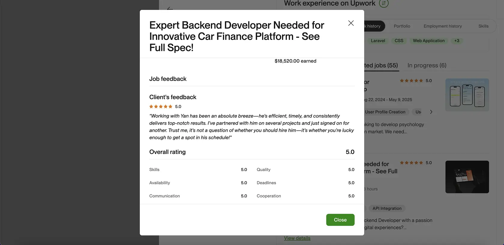 Upwork closed contract screenshot for innovative car finance platform by Ian Koncevich