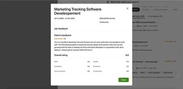 Upwork closed contract screenshot for Marketing Tracking Software Development by Ian Koncevich