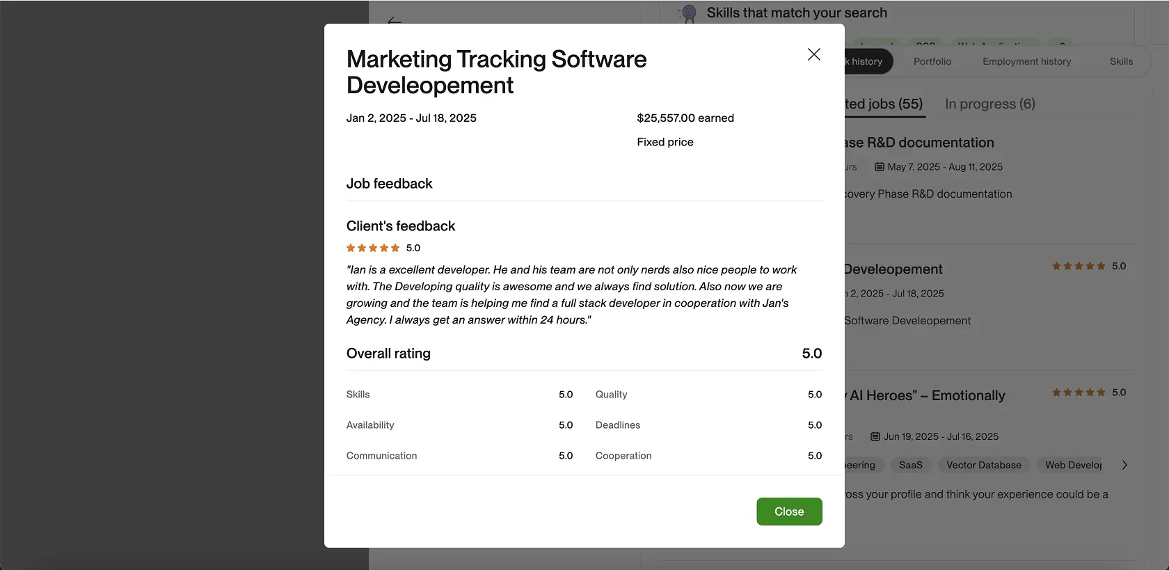 Upwork closed contract screenshot for Marketing Tracking Software Development by Ian Koncevich