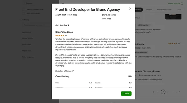 Upwork closed contract screenshot for front end developer for brand agency by Ian Koncevich