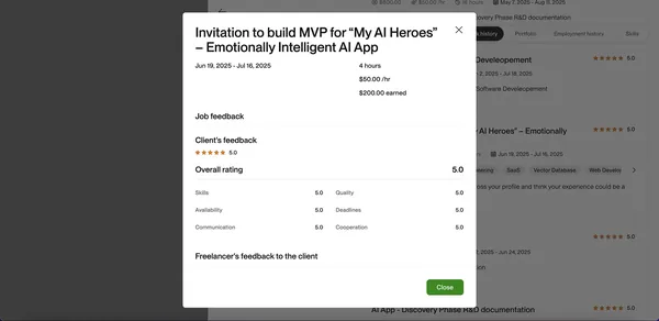 Upwork closed contract screenshot for My AI Heroes emotionally intelligent AI MVP by Ian Koncevich