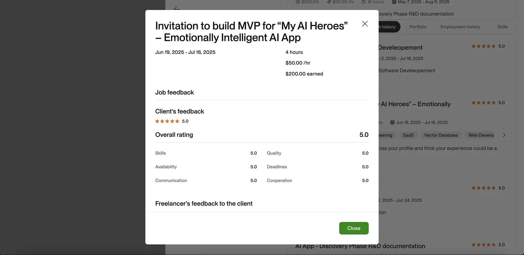 Upwork closed contract screenshot for My AI Heroes emotionally intelligent AI MVP by Ian Koncevich