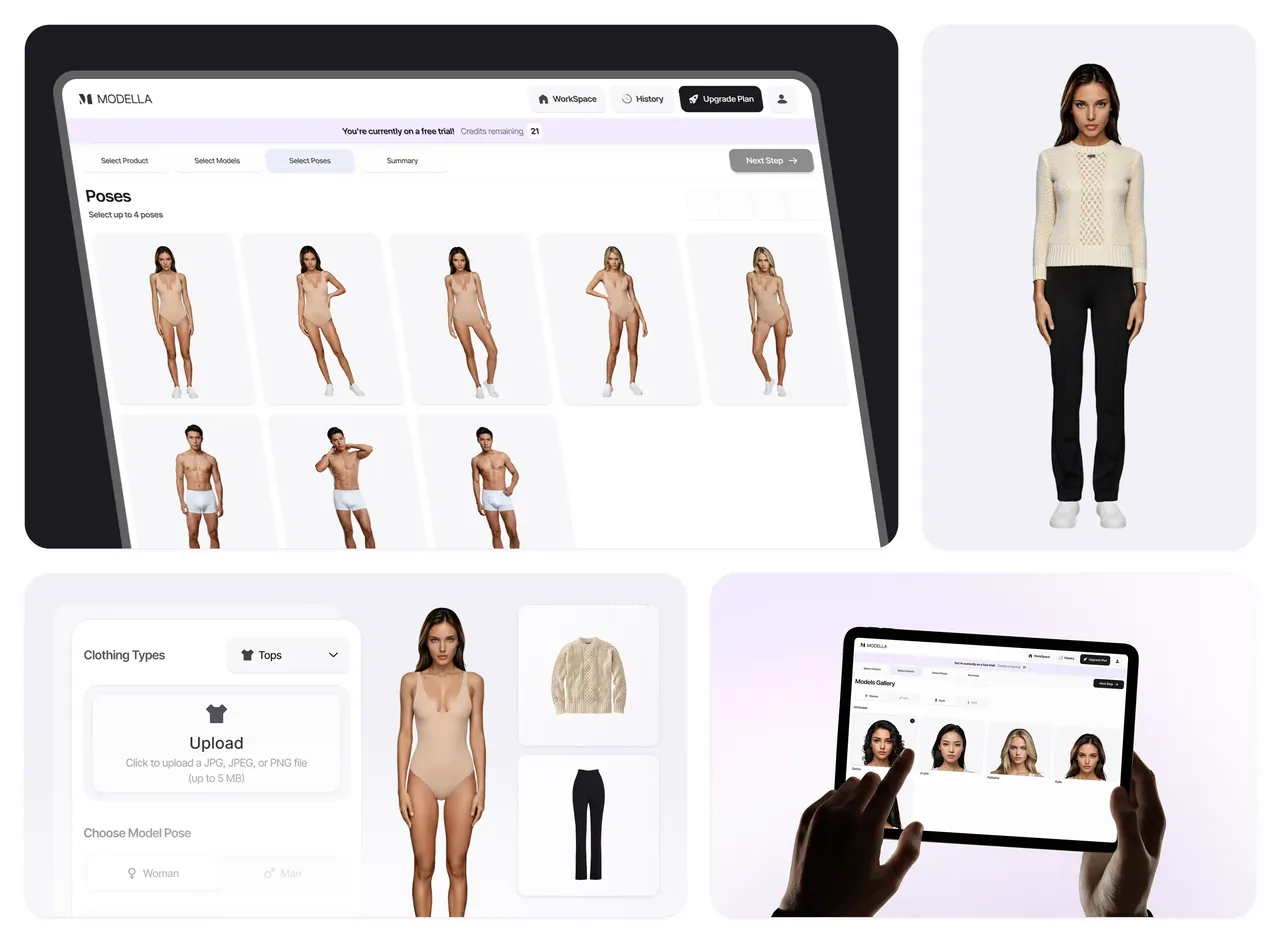 Modella – AI virtual try-on platform interface portfolio by Ian Koncevich