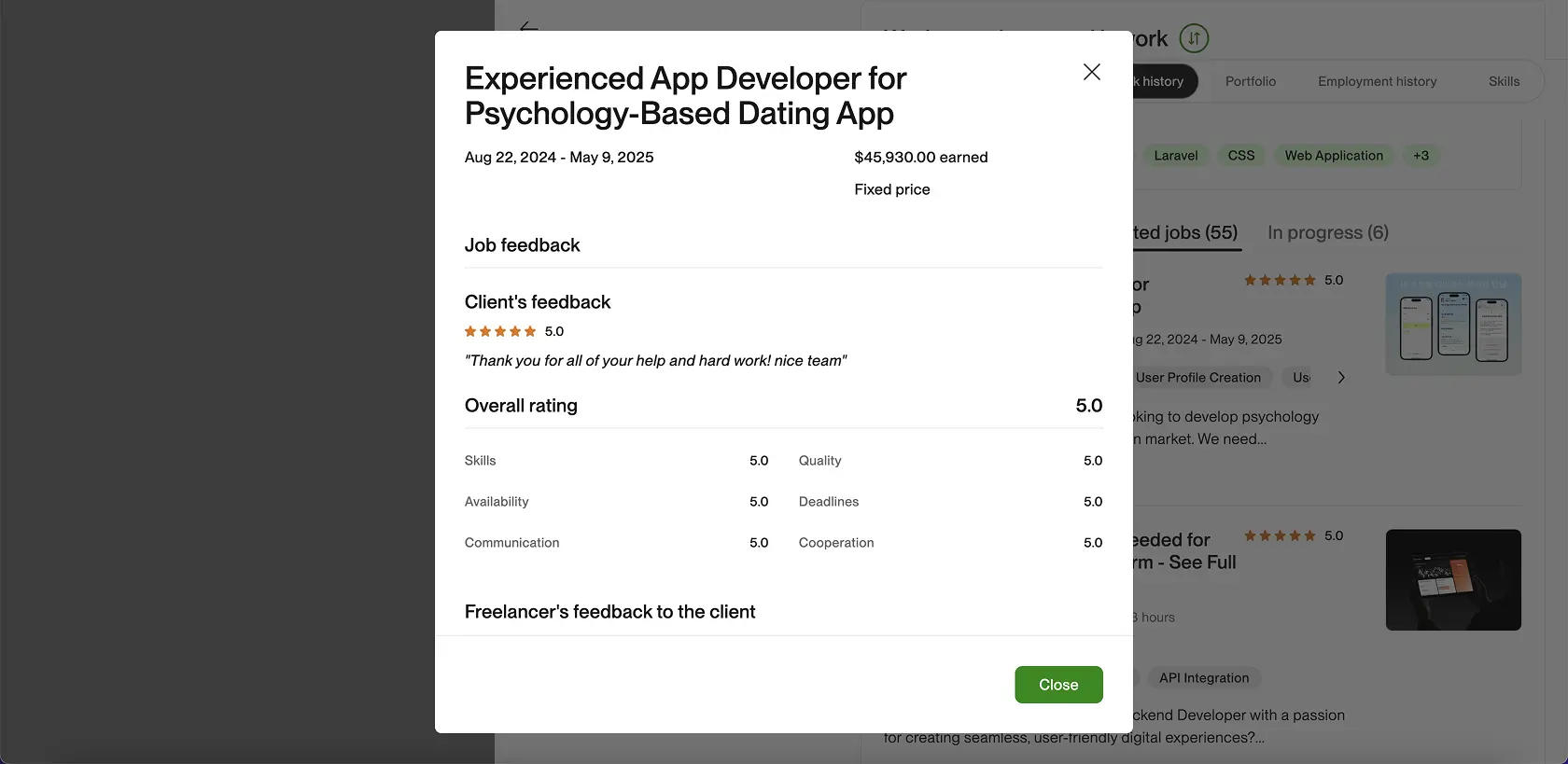 Upwork closed contract screenshot for psychology-based dating app by Ian Koncevich