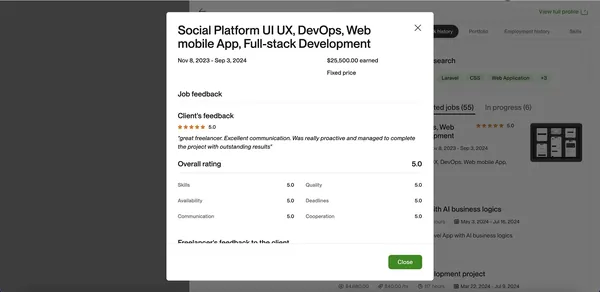 Upwork closed contract screenshot for social platform full-stack project by Ian Koncevich